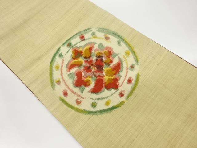 手織り紬連珠文に花模様織出し洒落袋帯